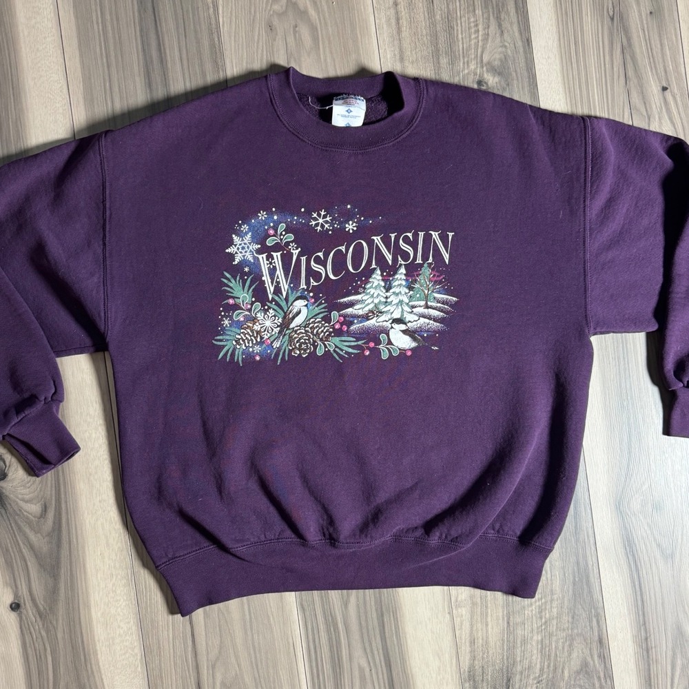 Jerzees Wisconsin Winter Scene Graphic Sweatshirt Purple Crewneck Large